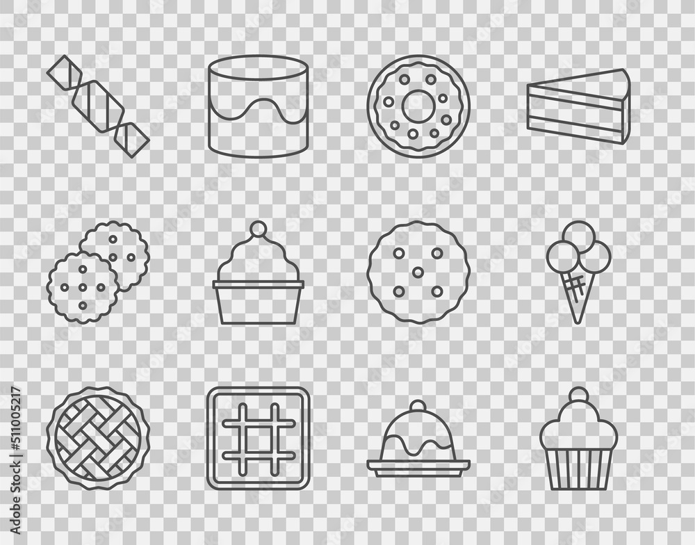 Set line Homemade pie, Cake, Donut, Waffle, Candy, and Ice cream in waffle cone icon. Vector