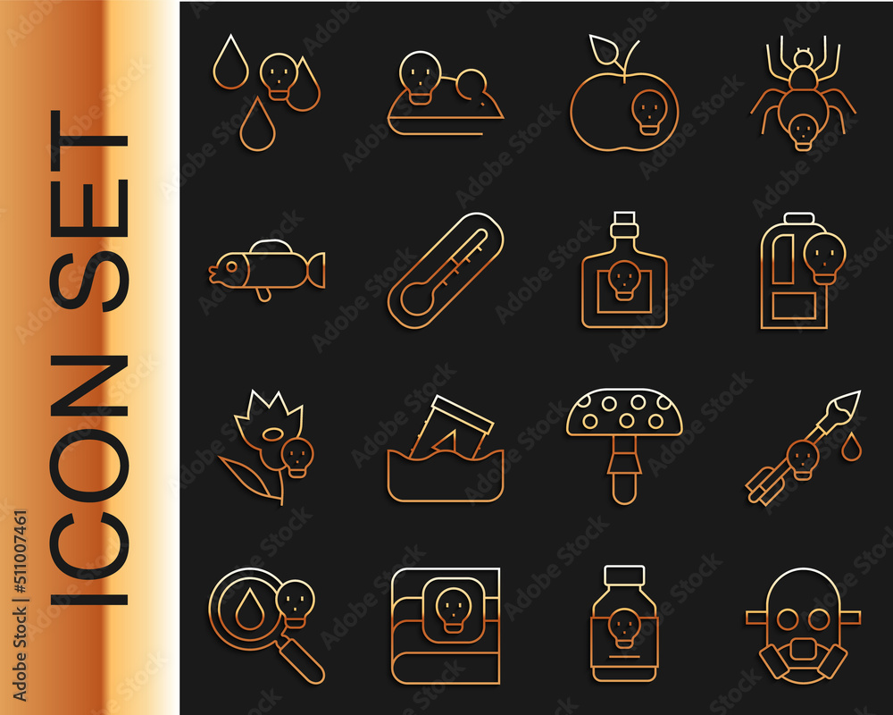 Set line Gas mask, Poison on the arrow, Beaker with toxic liquid, apple, Thermometer, Puffer fish, A