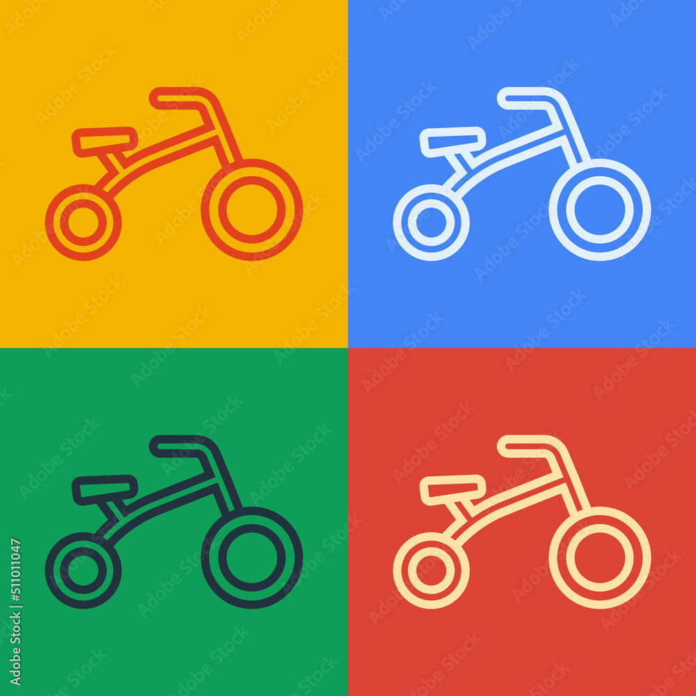 Pop art line Bicycle for kids icon isolated on color background. Vector