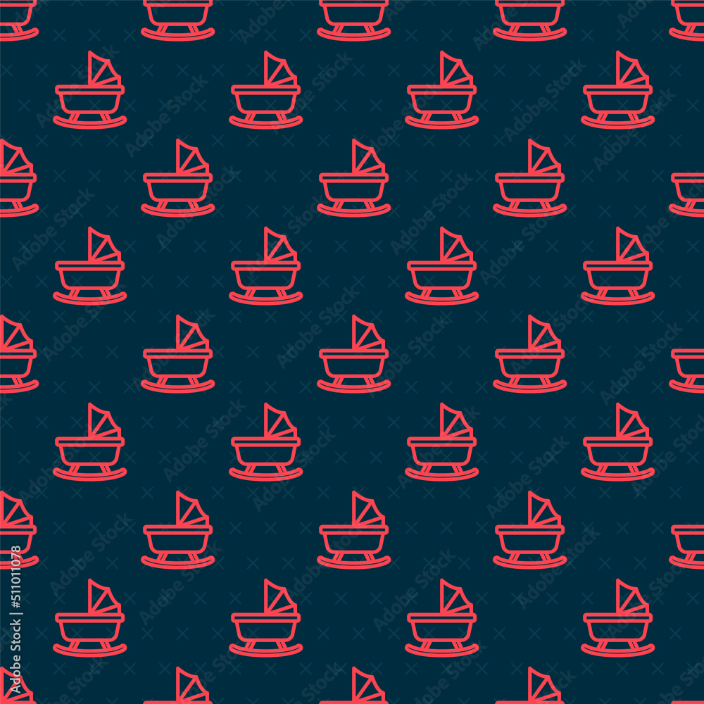 Red line Baby stroller icon isolated seamless pattern on black background. Baby carriage, buggy, pra