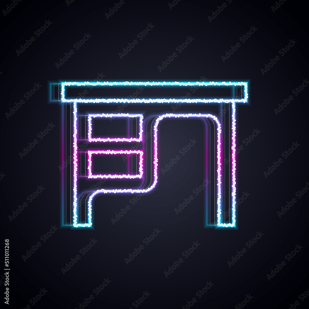 Glowing neon line Office desk icon isolated on black background. Vector