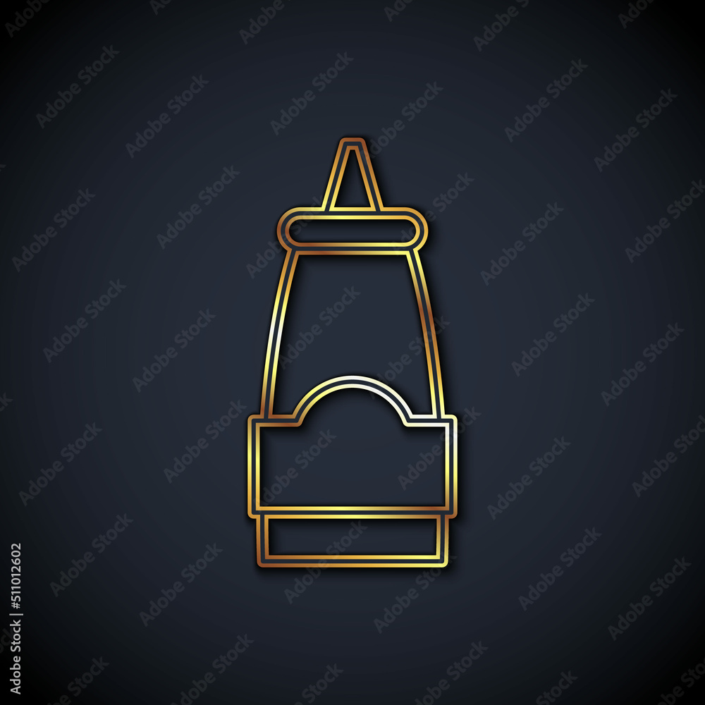 Gold line Sauce bottle icon isolated on black background. Ketchup, mustard and mayonnaise bottles wi