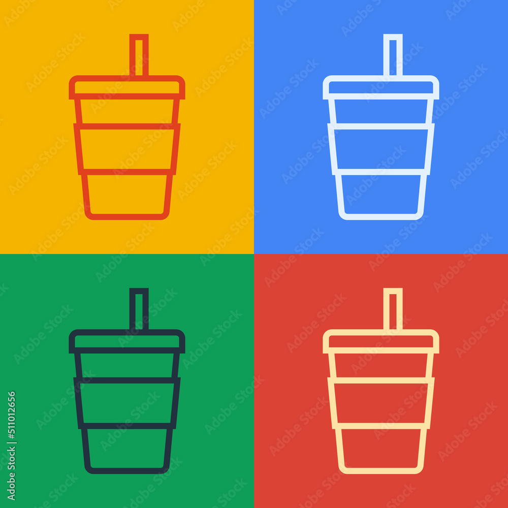 Pop art line Paper glass with drinking straw and water icon isolated on color background. Soda drink