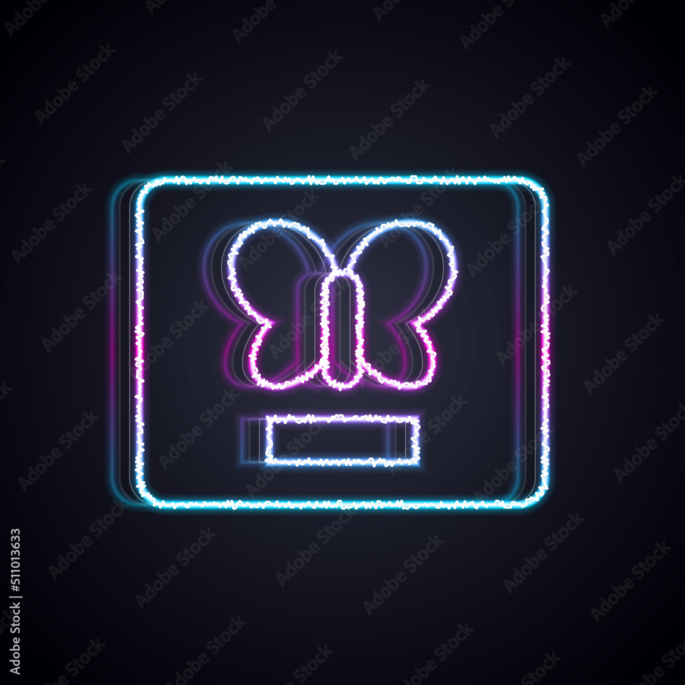 Glowing neon line Butterfly in a frame icon isolated on black background. Herbarium. Vector