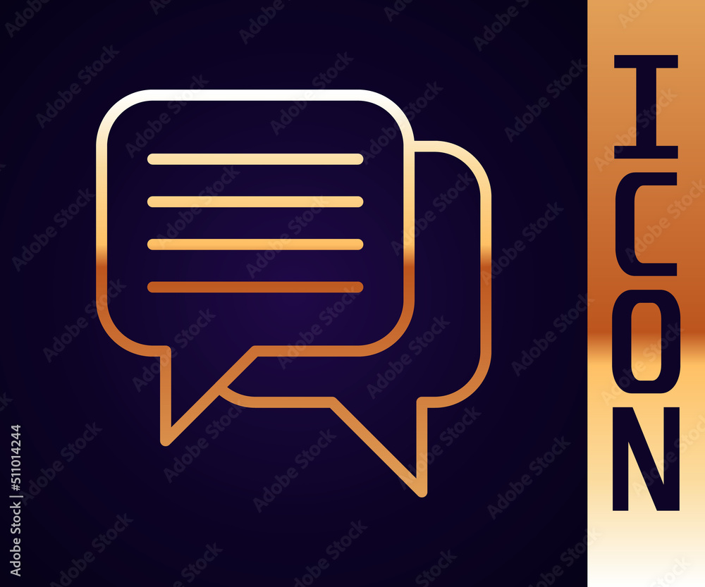 Gold line Speech bubble chat icon isolated on black background. Message icon. Communication or comme