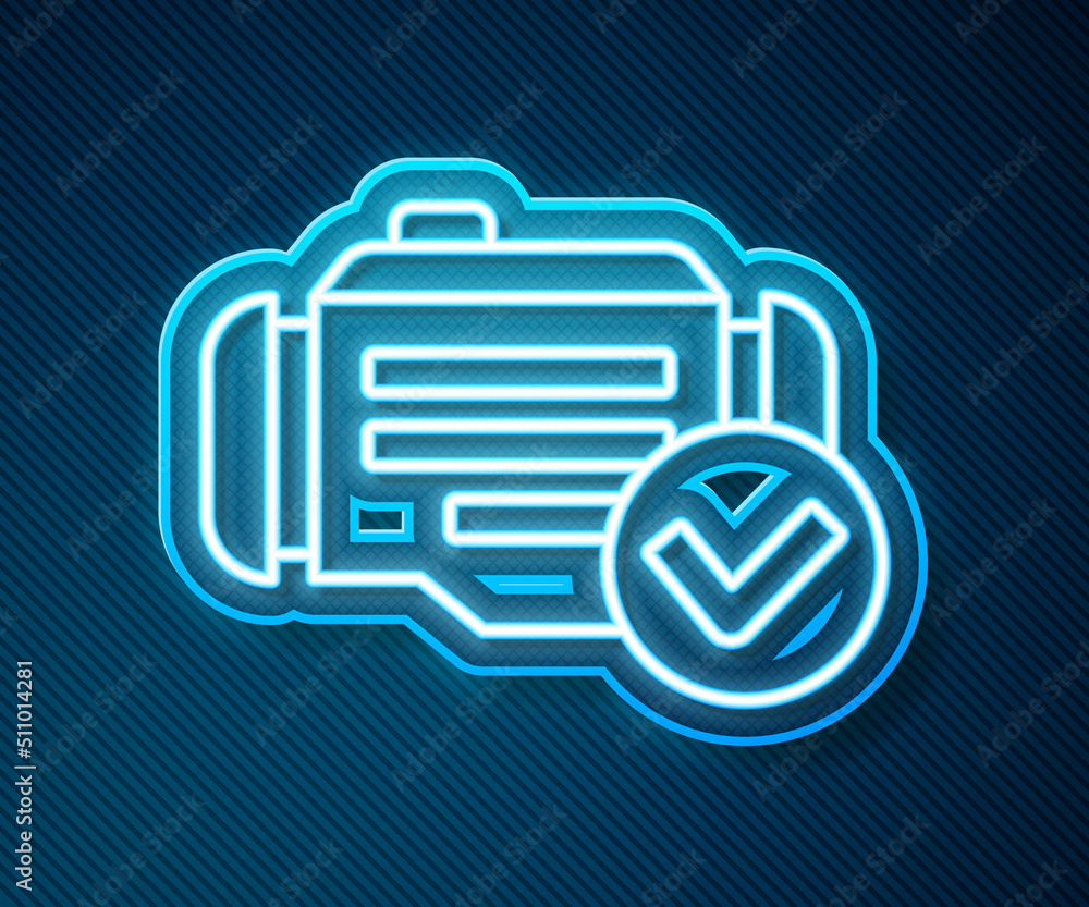 Glowing neon line Check engine icon isolated on blue background. Vector