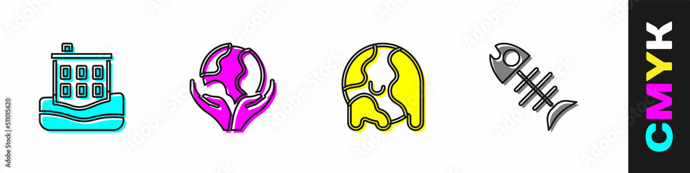 Set House flood, Hand holding Earth globe, Global warming and Dead fish icon. Vector