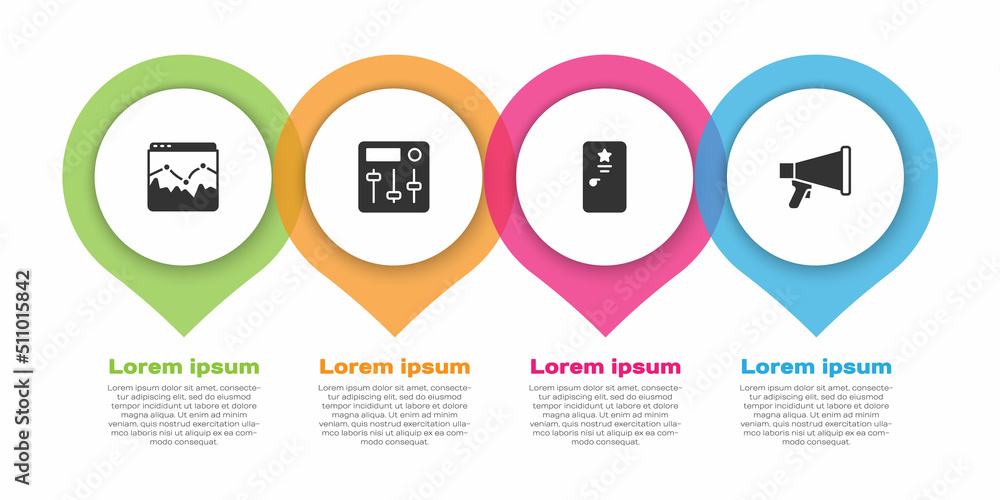 Set Music wave equalizer, Sound mixer controller, Backstage and Megaphone. Business infographic temp