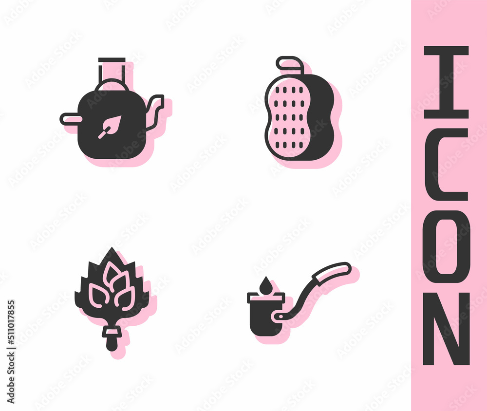 Set Sauna ladle, Teapot with leaf, broom and Washcloth icon. Vector