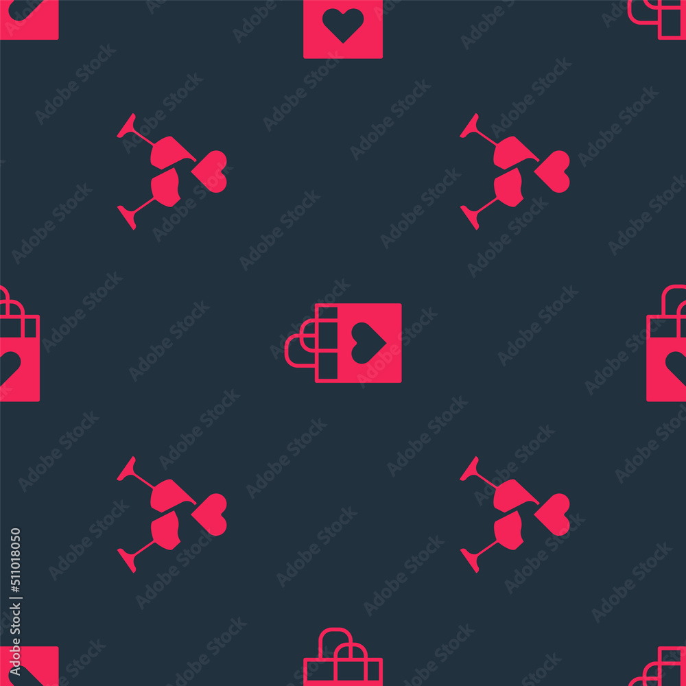 Set Glass of champagne and Shopping bag with heart on seamless pattern. Vector