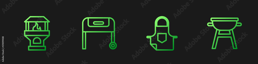 Set line Kitchen apron, Brick stove, Barbecue grill and . Gradient color icons. Vector