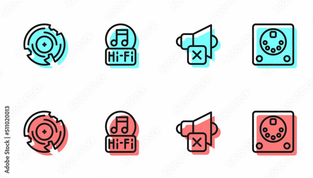 Set line Speaker mute, Vinyl disk, Music note, tone and Drum machine icon. Vector