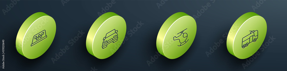 Set Isometric line Taxi car roof, Car, Helicopter and Trolleybus icon. Vector