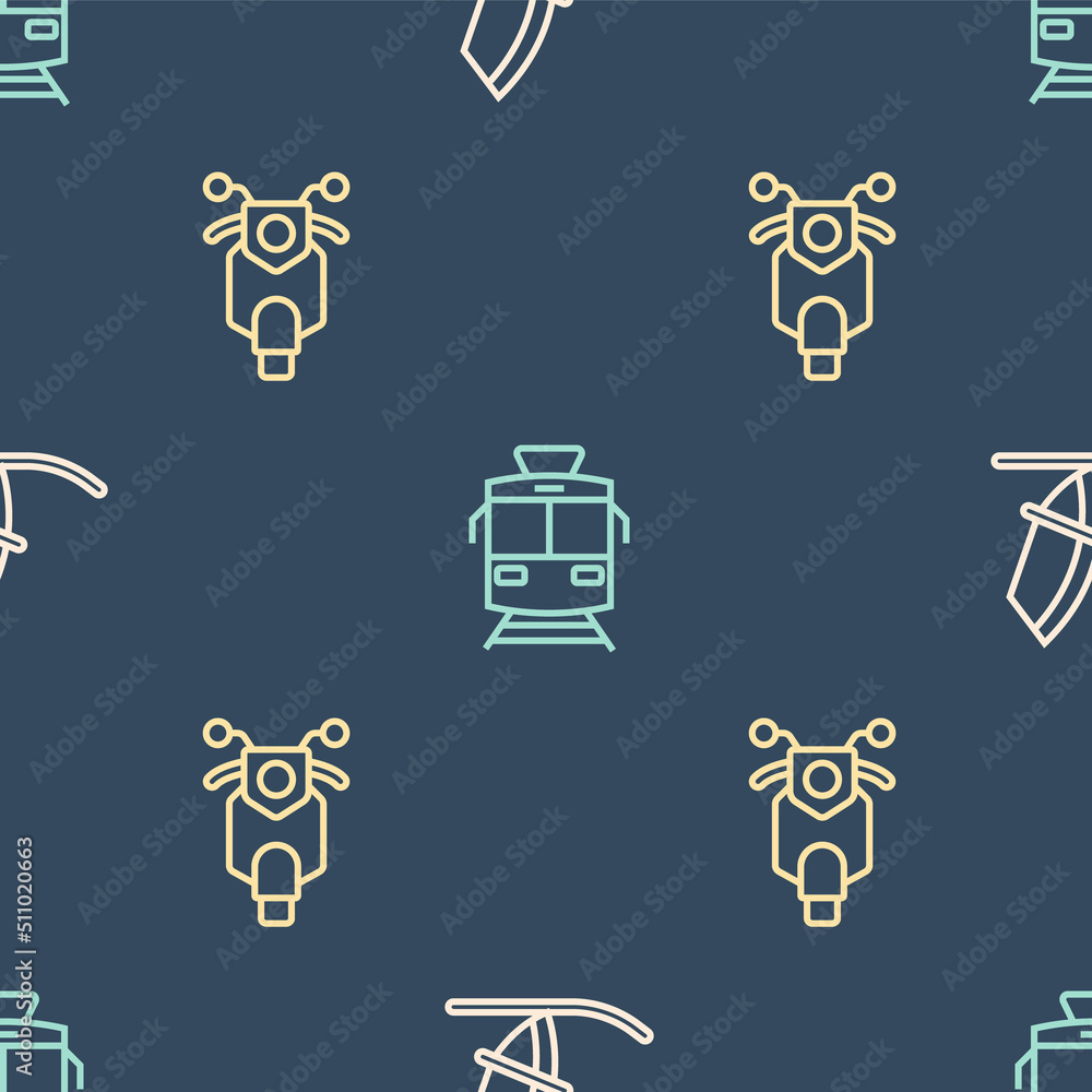 Set line Windsurfing, Scooter and Tram and railway on seamless pattern. Vector