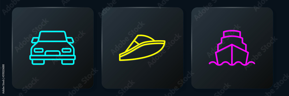 Set line Car, Cruise ship and Speedboat. Black square button. Vector