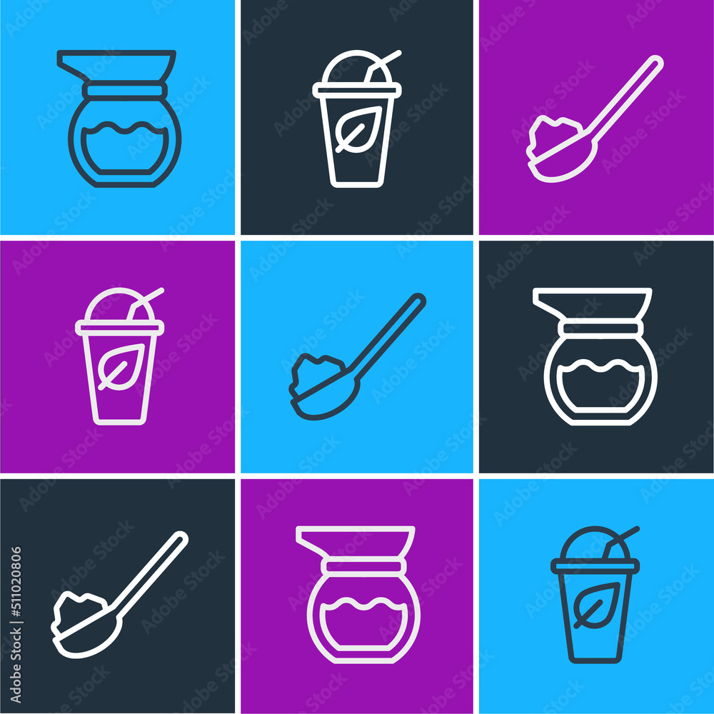 Set line Teapot, Spoon with sugar and Cup of tea leaf icon. Vector