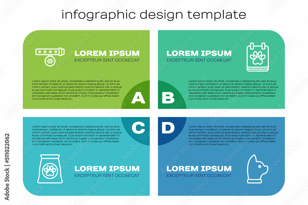 Set line Bag of food for pet, Collar with name tag, Cat and Calendar grooming. Business infographic 