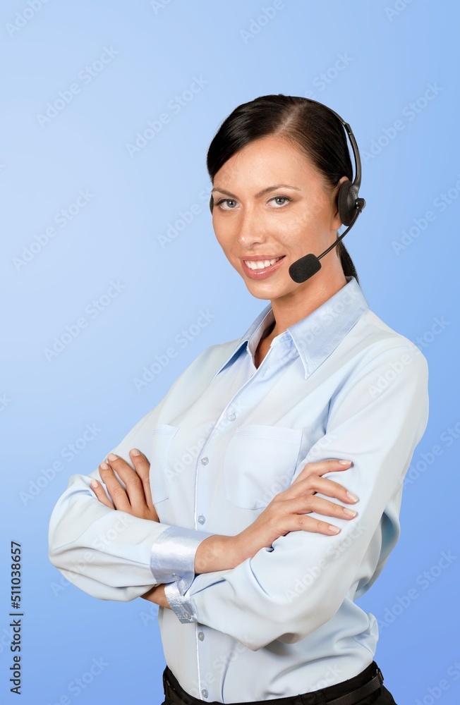 Happy young friendly woman IT support customer support agent hotline helpline worker in headset