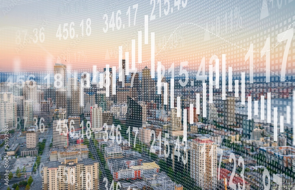 Abstract virtual financial graph hologram on blurry city background, financial and trading concept.