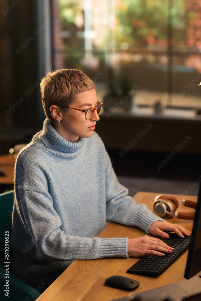 Vertical Screen: Young Attractive Woman Using Desktop Computer in Stylish Loft Apartment During the 