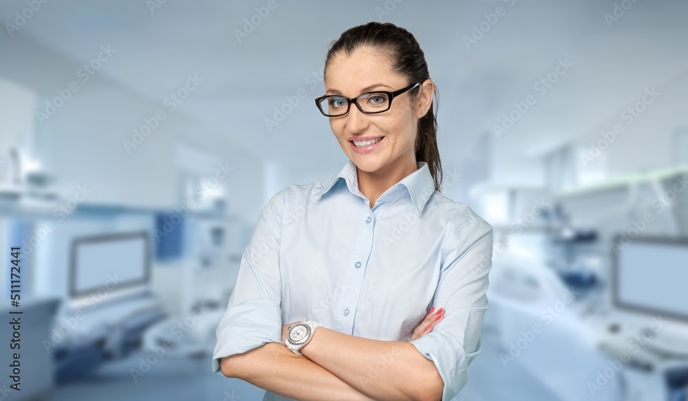 Young smiling happy cheerful employee business corporate lawyer woman posing