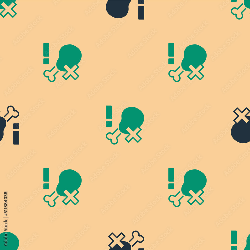 Green and black No chicken leg icon isolated seamless pattern on beige background. No fast food allo