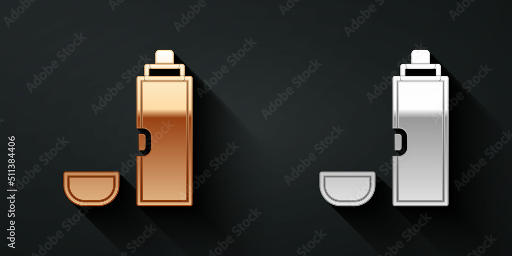 Gold and silver Thermos container icon isolated on black background. Thermo flask icon. Camping and 