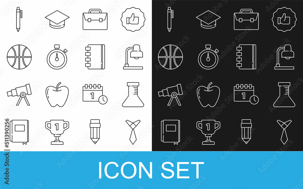 Set line Tie, Test tube and flask, Table lamp, Briefcase, Stopwatch, Basketball ball, Pen and Spiral