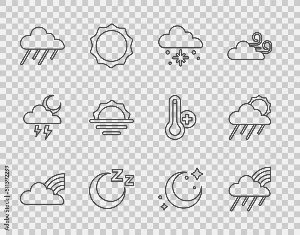 将彩虹与云、雨、云雪、入睡时间、日出、月亮星星和太阳图标放在一起。