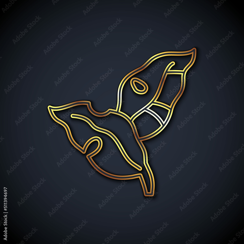 Gold line Tropical leaves of palm tree icon isolated on black background. Vector