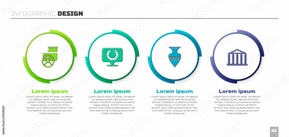 设置古代战车、月桂花环、双耳瓶和帕特农神庙。商业信息图模板。矢量