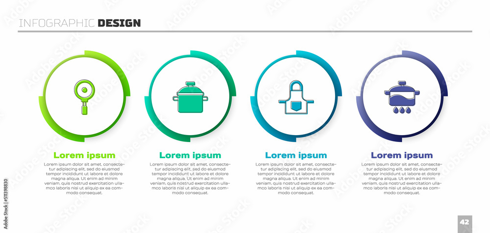 设置煎锅、烹饪锅、厨房围裙和。商业信息图模板。Vector