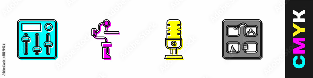 Set Sound mixer controller, Gimbal stabilizer for camera, Microphone and Storyboard icon. Vector