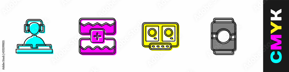 Set DJ playing music, Music wave equalizer, remote and mixing and Beer can icon. Vector