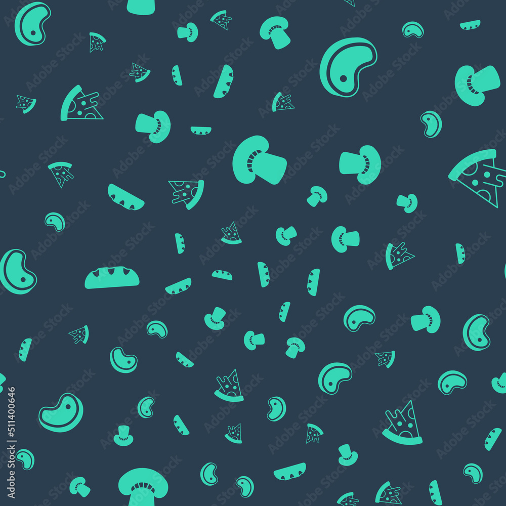 Set Mushroom, Steak meat, Bread loaf and Slice of pizza on seamless pattern. Vector