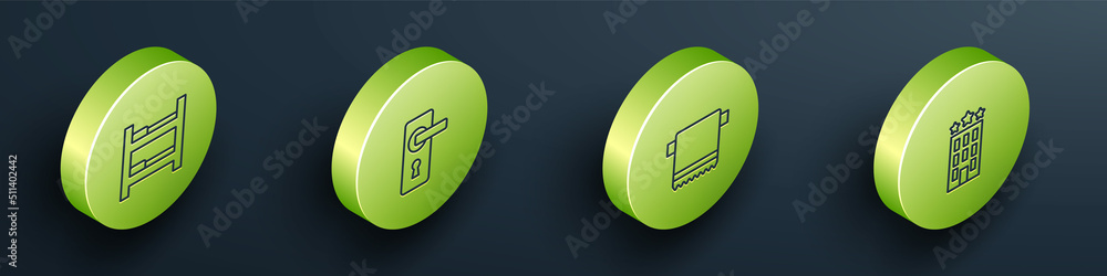 Set Isometric line Hotel room bed, Door handle, Towel on hanger and building icon. Vector