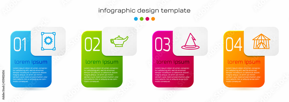 设定线古代魔法书、神灯或阿拉丁、女巫帽和马戏团帐篷。商业信息图