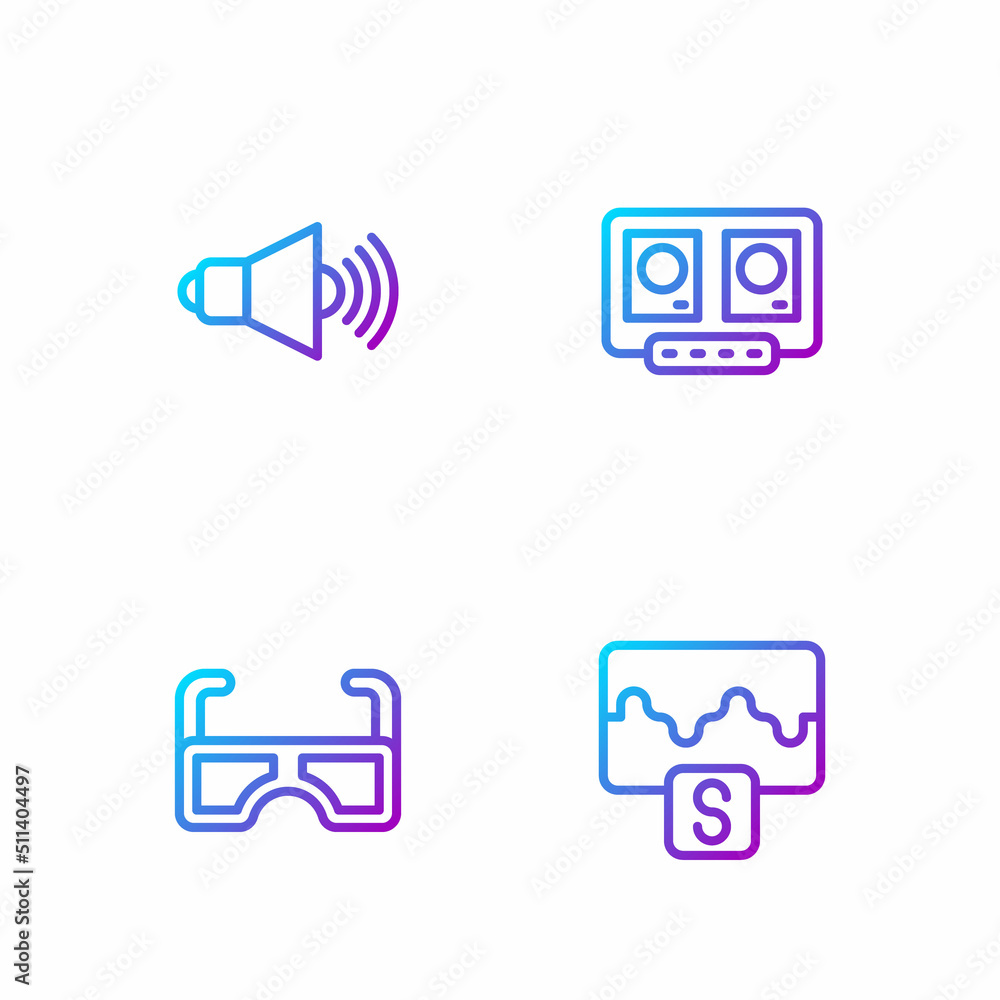 Set line Music wave equalizer, Glasses, Speaker volume and DJ remote and mixing music. Gradient colo