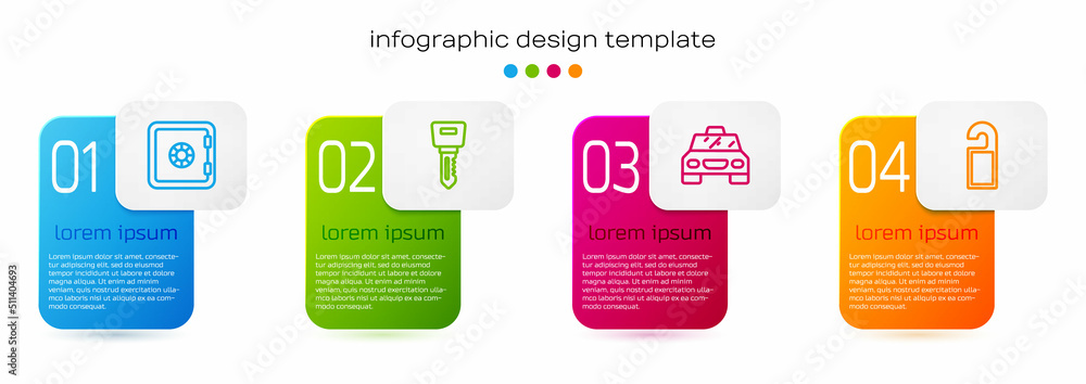 Set line Safe, Hotel door lock key, Taxi car and Please not disturb. Business infographic template. 