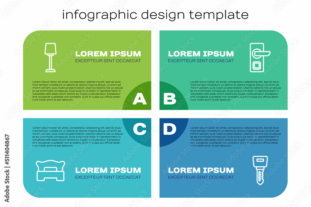 设置卧室、台灯、酒店门锁钥匙和数字。商业信息图模板。矢量