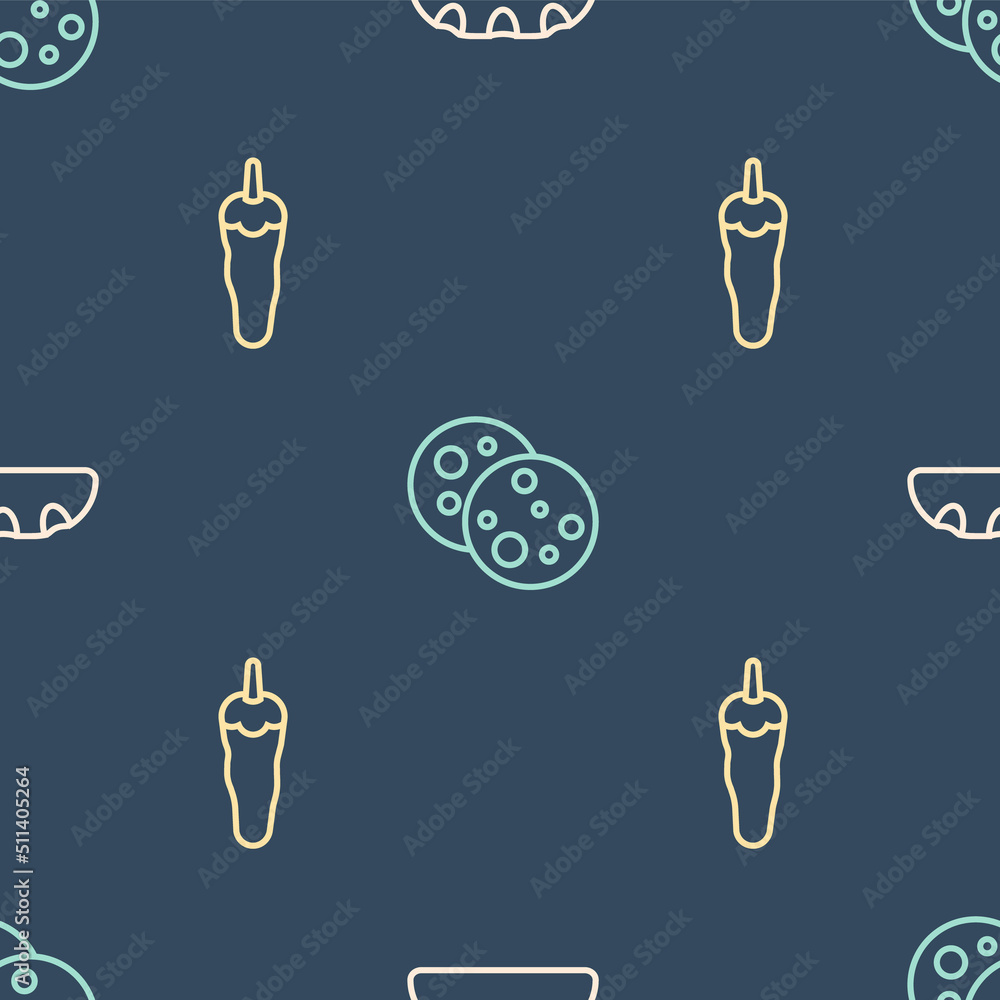 Set line Bread loaf, Hot chili pepper and Cookie with chocolate on seamless pattern. Vector