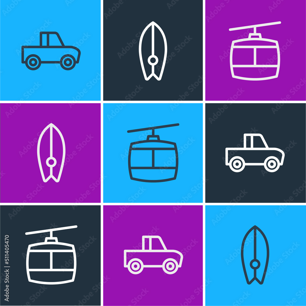 Set line Pickup truck, Cable car and Surfboard icon. Vector