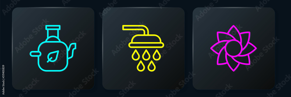 Set line Teapot with leaf, Flower and Shower. Black square button. Vector