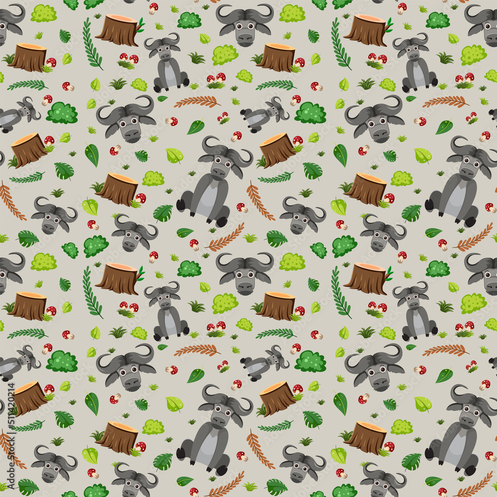 Cute buffalo seamless pattern