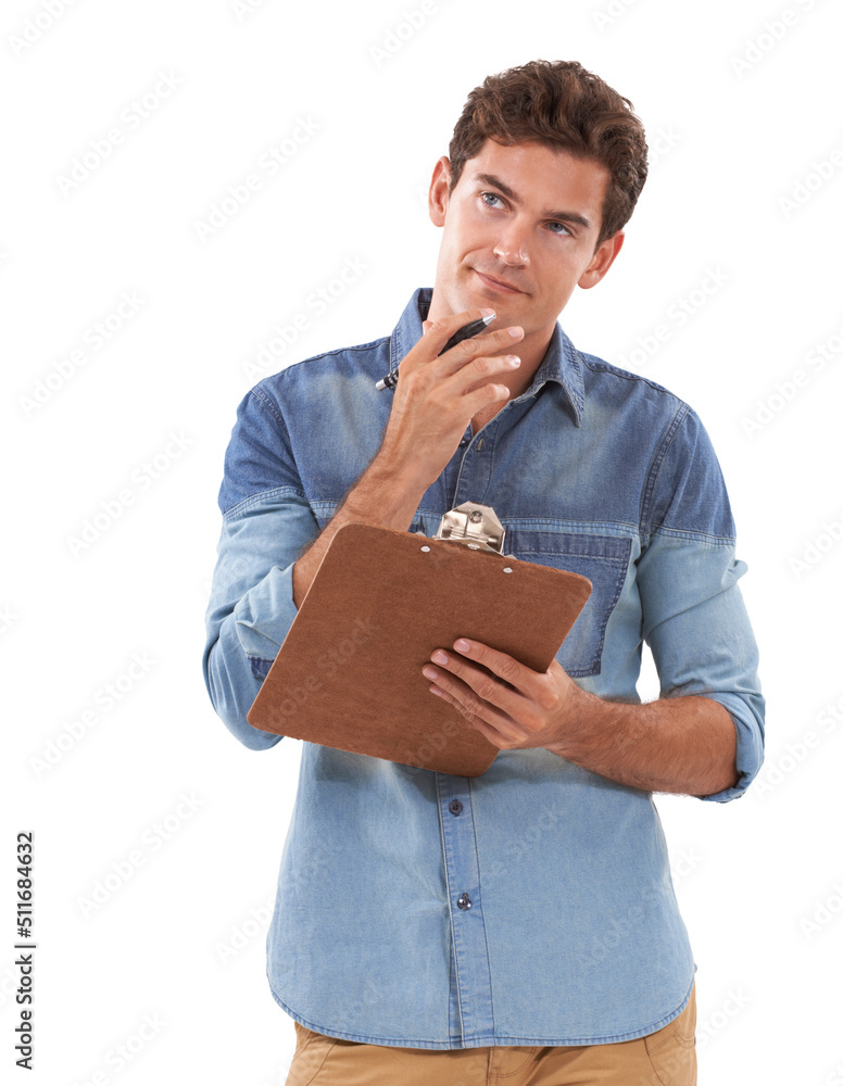 Did I forget something. A pensive young man holding a clipboard.