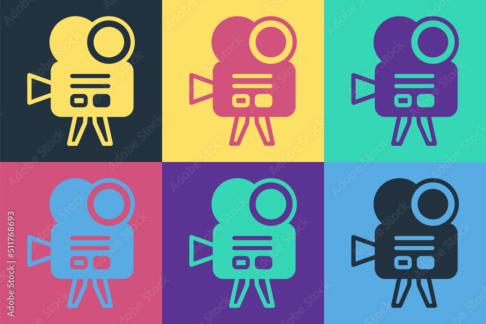 Pop art Retro cinema camera icon isolated on color background. Video camera. Movie sign. Film projec