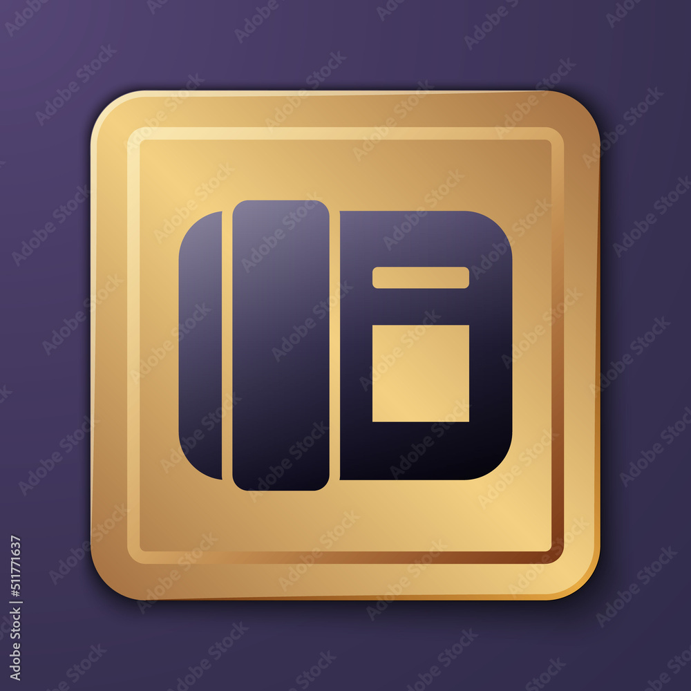 Purple Telephone handset icon isolated on purple background. Phone sign. Gold square button. Vector