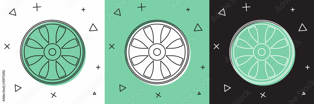 为白色和绿色、黑色背景上隔离的汽车图标设置合金车轮。矢量