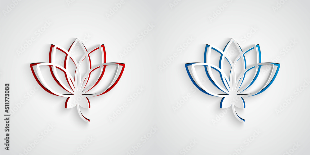 Paper cut Lotus flower icon isolated on grey background. Paper art style. Vector