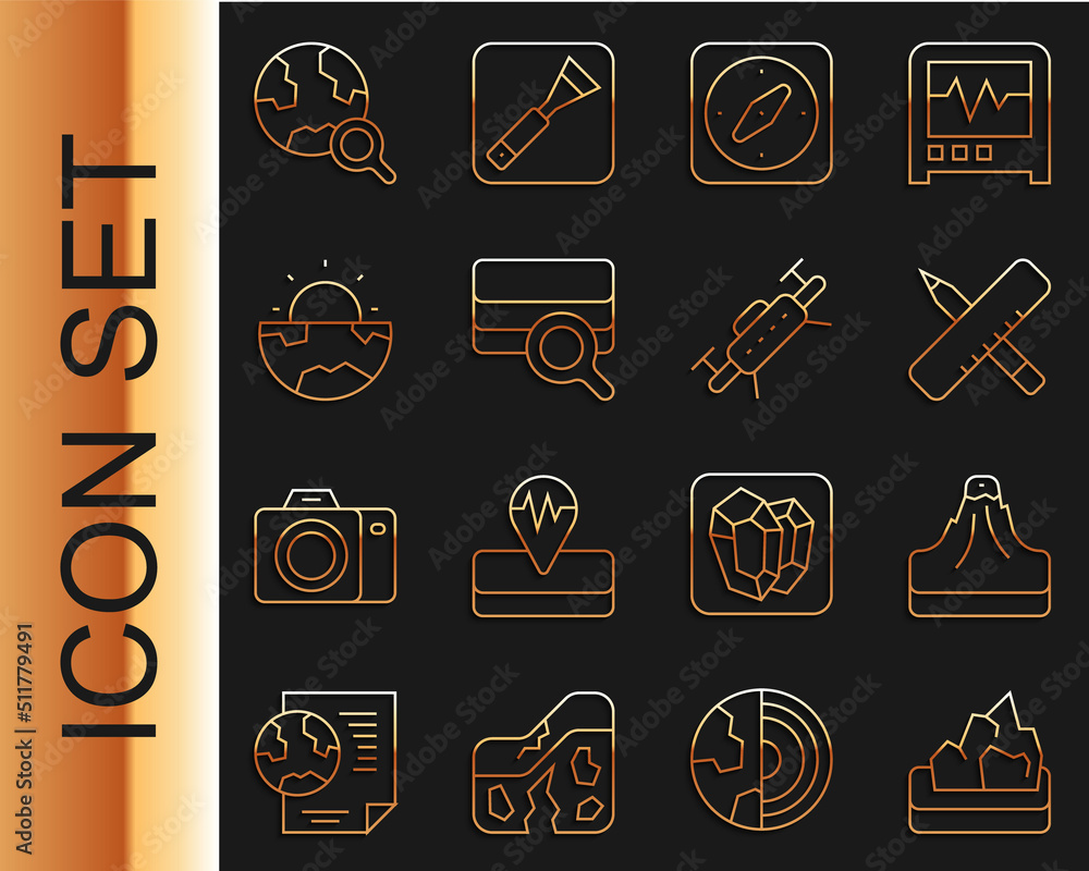 Set line Ore mining, Volcano, Crossed ruler and pencil, Compass, Soil analysis, Earth core structure